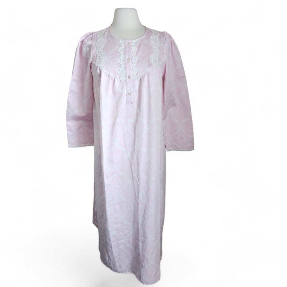 MISS ELAINE Nightgown Small Long Sleeve Gown  TOUCH‎ THE INSIDE Sateen Pink